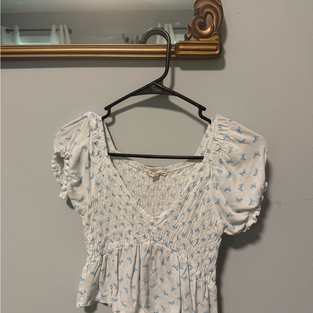 La Hearts White Puff Sleeve Smocked Butterfly Top